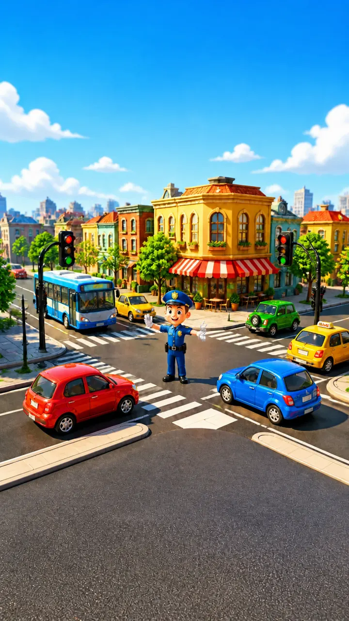 A traffic officer in the middle of a busy crossroads, surrounded by cars, a bus and a taxi