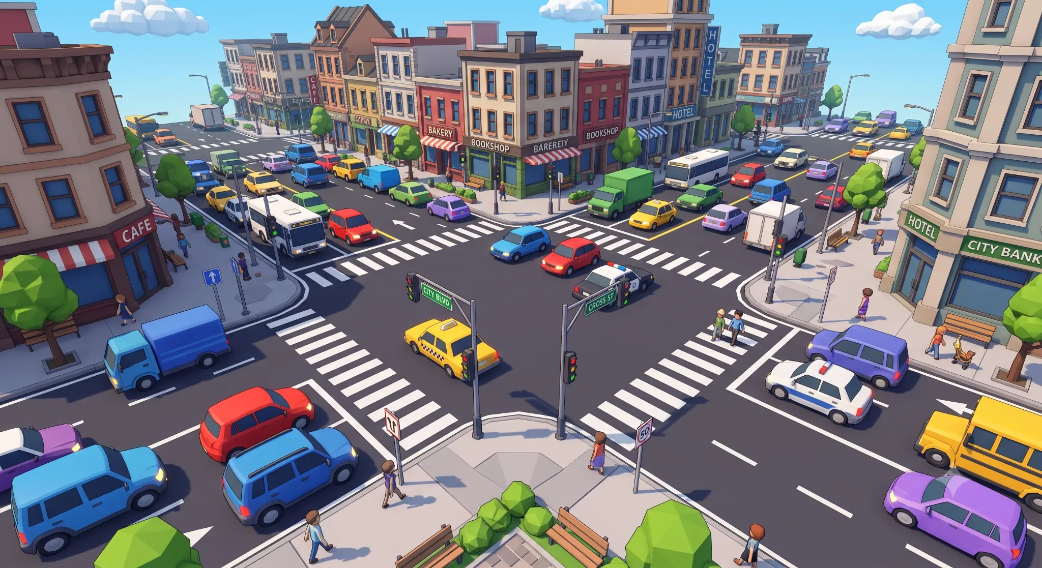 A colorful 3D city intersection filled with traffic